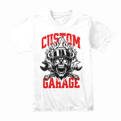 Custom Garage T-Shirt – Fiery Skull Mechanic Biker Tee
