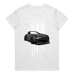 American Muscle Car T-Shirt – Sleek Black Mustang with USA Flag Design!