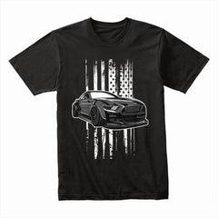 American Muscle Car T-Shirt – Sleek Black Mustang with USA Flag Design!