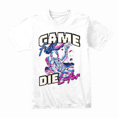 Game First, Die Later T-Shirt – Neon Astronaut Gamer Aesthetic
