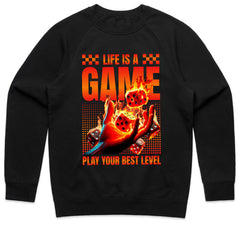 Life Is A Game T-Shirt – Play Your Best Level” Flaming Dice Design