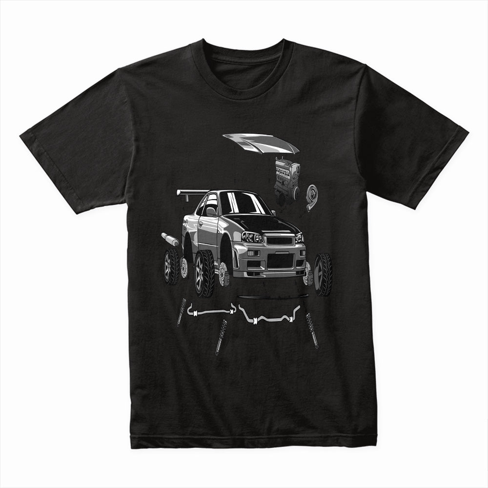 Skyline R34 Build Anatomy — JDM Exploded View T-Shirt