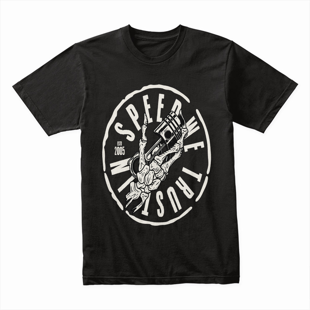 In Speed We Trust — Piston Skull Garage T-Shirt