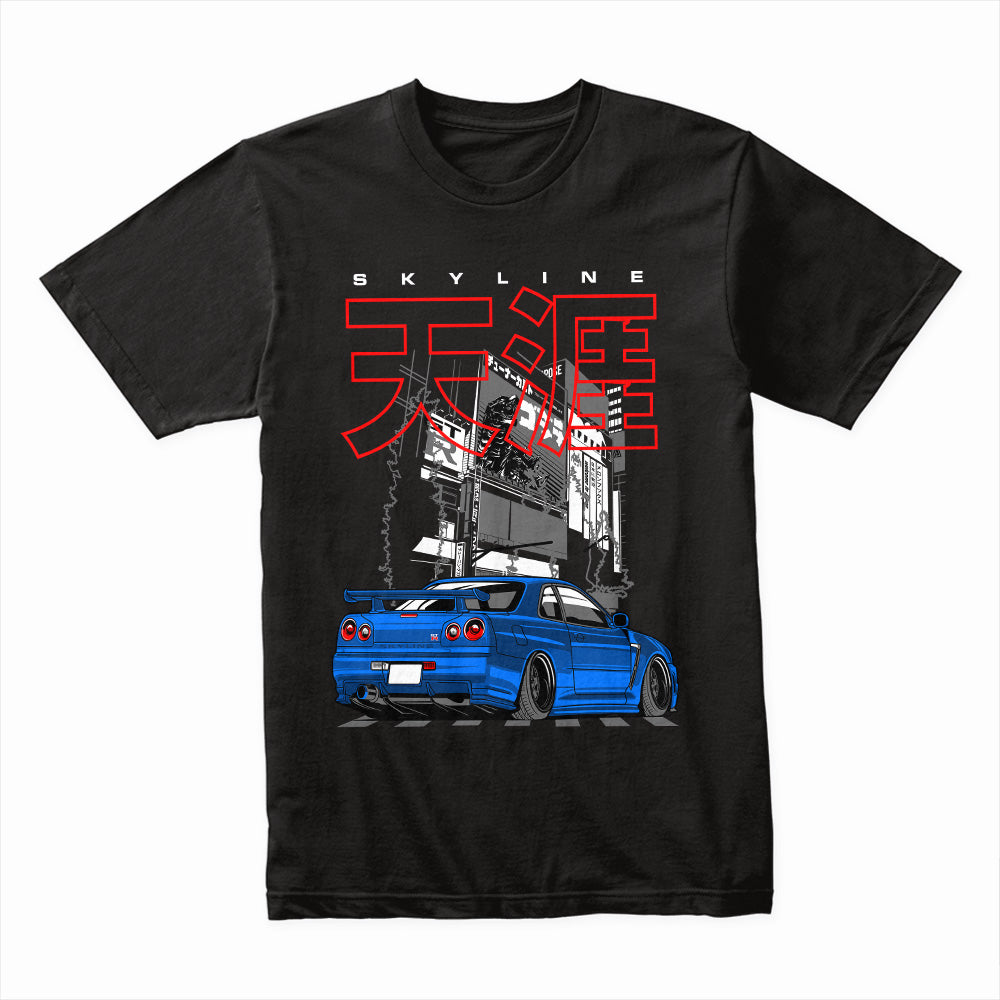 Skyline Midnight Drift – Blue R34 JDM Street Legend T-Shirt