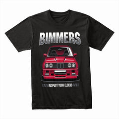 Bimmers Respect Your Elders T-Shirt – Classic BMW E30 Front View Tee