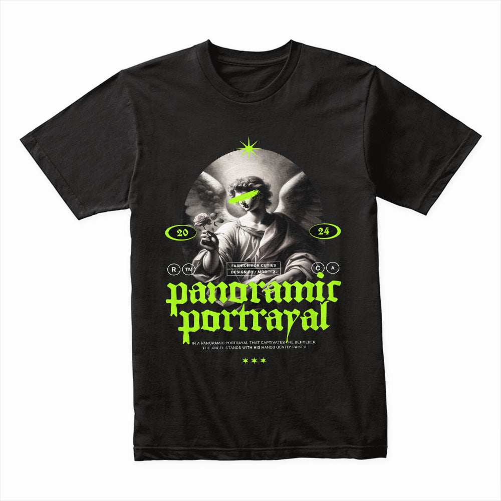 Panoramic Portrayal: Neon Angelic Vision Tee