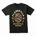 FlameKilla Motorcycle Garage – Fiery Skull Biker T-Shirt