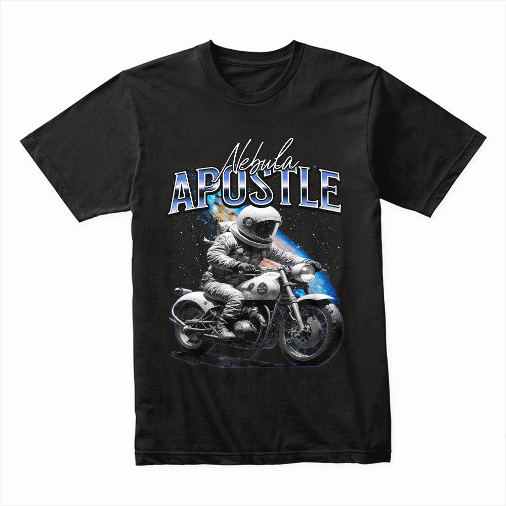 Nebula Apostle – Astronaut Biker Cosmic Adventure T-Shirt