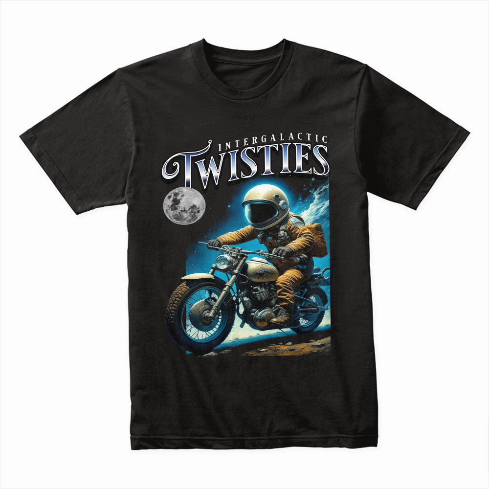 Intergalactic Twisties – Astronaut Biker Adventure T-Shirt