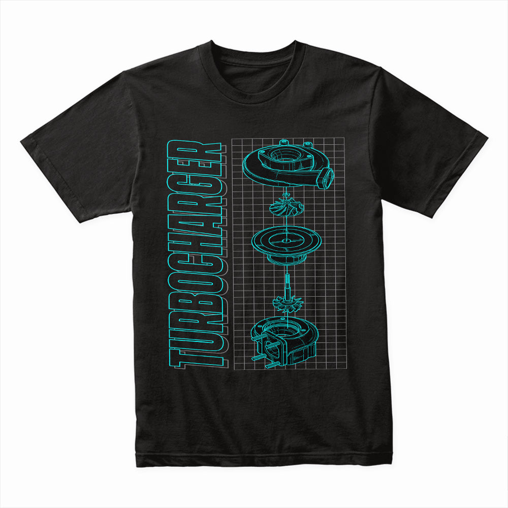 Turbocharger Blueprint T-Shirt – Boost Engineer Tech Schematic Tee