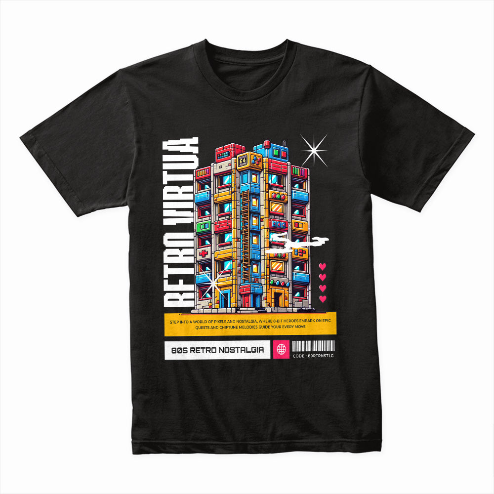 Retro Virtual – 8-Bit Pixel City Nostalgia Gaming T-Shirt