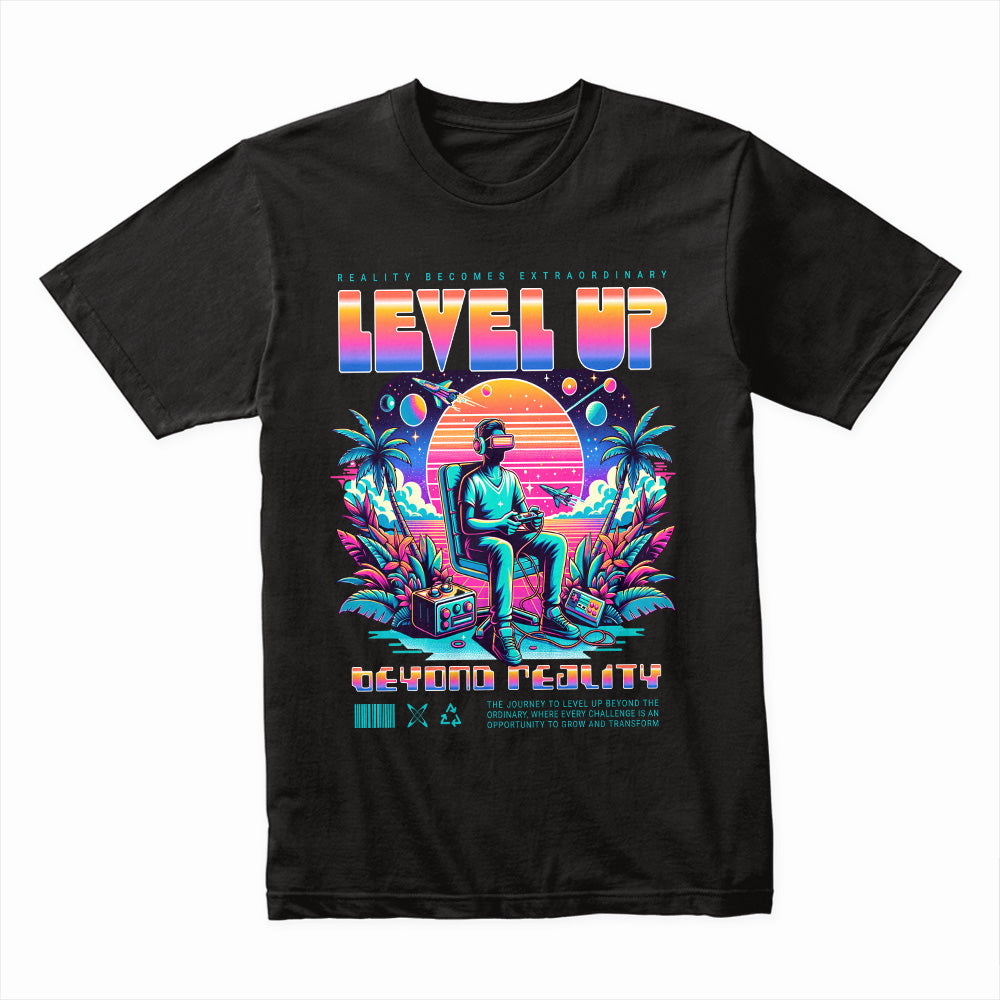 Level Up Beyond Reality T-Shirt – Neon Cyber Gamer Edition