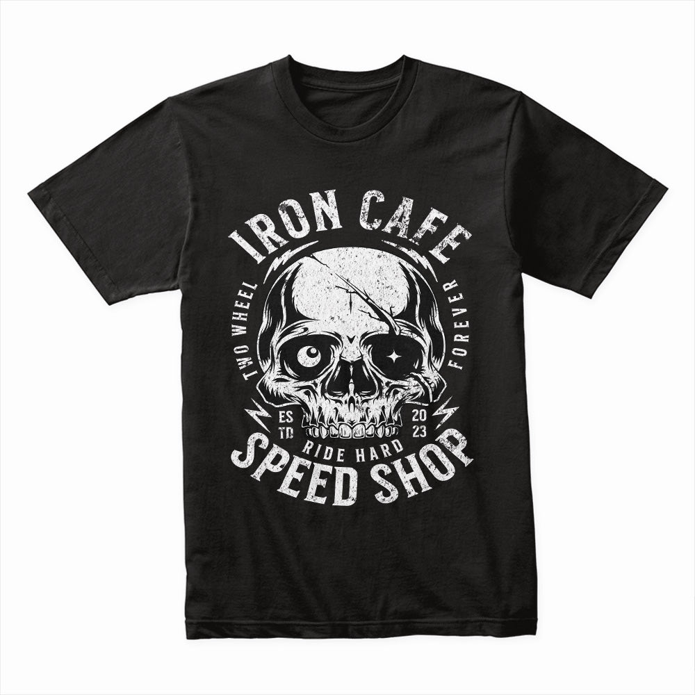 Iron Cafe Speed Shop – Ride Hard Skull Biker T-Shirt