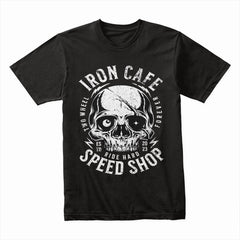 Iron Cafe Speed Shop – Ride Hard Skull Biker T-Shirt