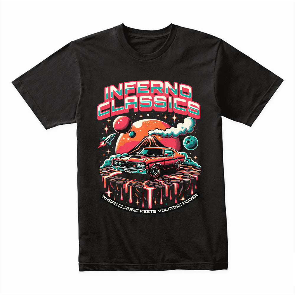 Inferno Classics: Volcanic Power Retro Muscle Car T-Shirt