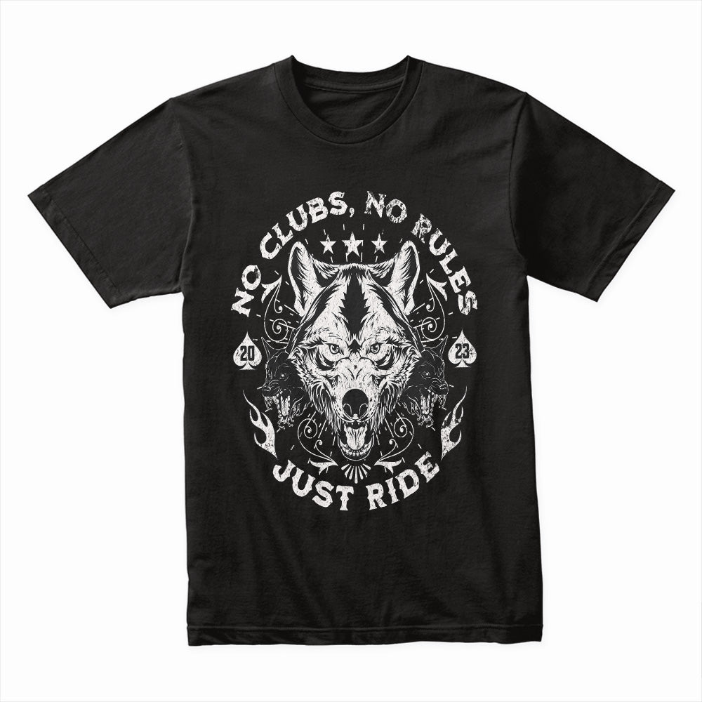 No Clubs, No Rules, Just Ride – Lone Wolf Biker T-Shirt