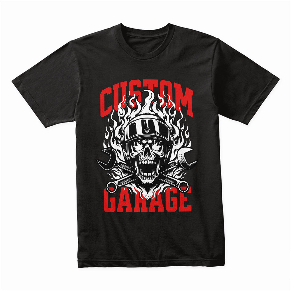 Custom Garage T-Shirt – Fiery Skull Mechanic Biker Tee