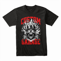 Custom Garage T-Shirt – Fiery Skull Mechanic Biker Tee