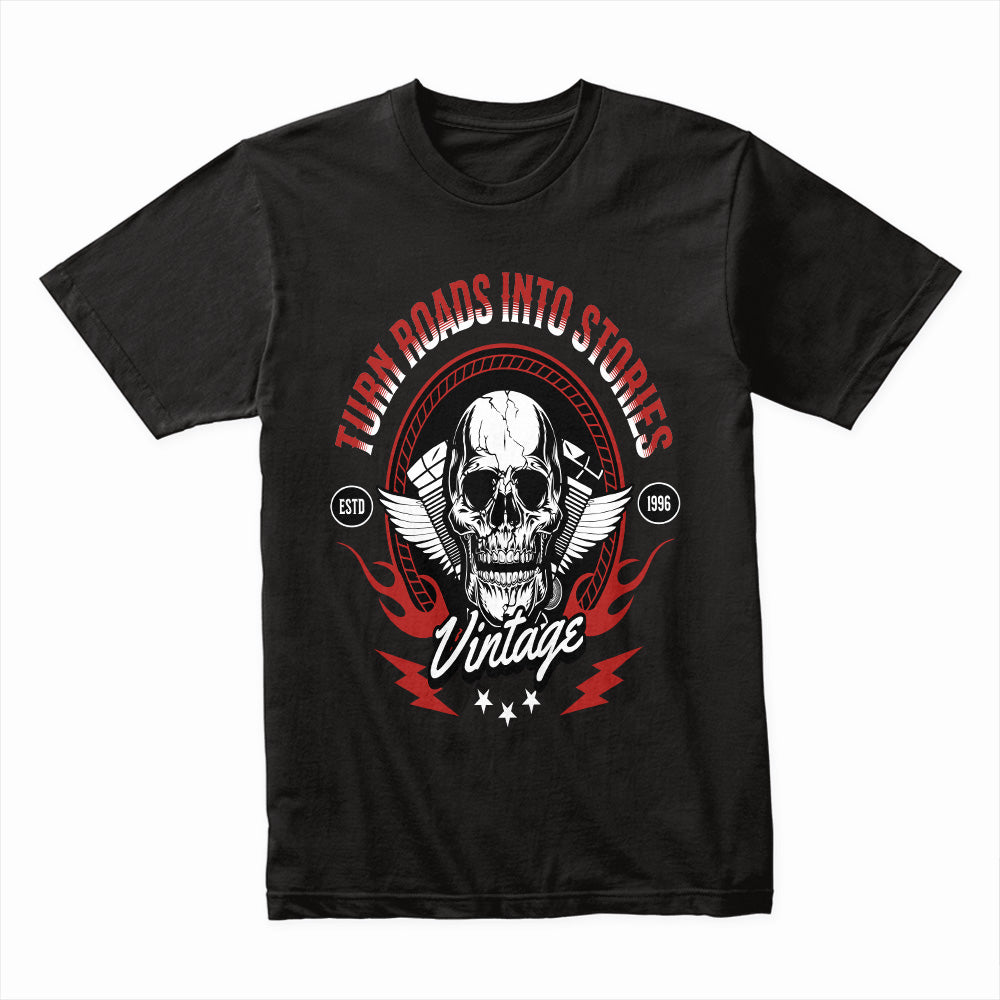 Turn Roads Into Stories – Vintage Biker Skull T-Shirt