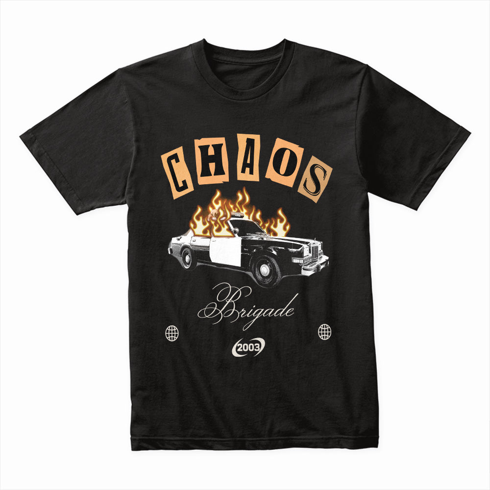 Chaos Brigade — Vintage Burning Police Car Graphic Streetwear T-Shirt