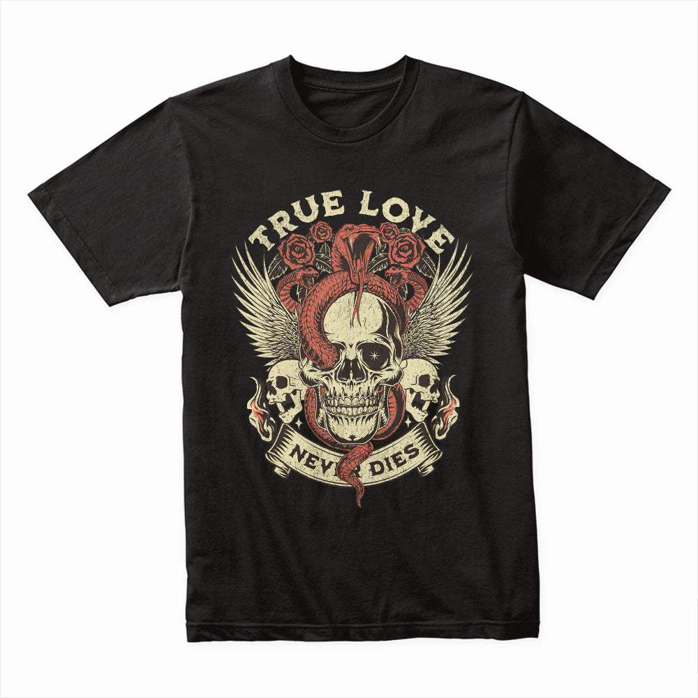 True Love Never Dies – Gothic Skull & Snake Tattoo-Inspired T-Shirt