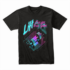 "Lift & Elevate Your Game" Neon Cyber Gym T-Shirt – Futuristic Fitness Vibes
