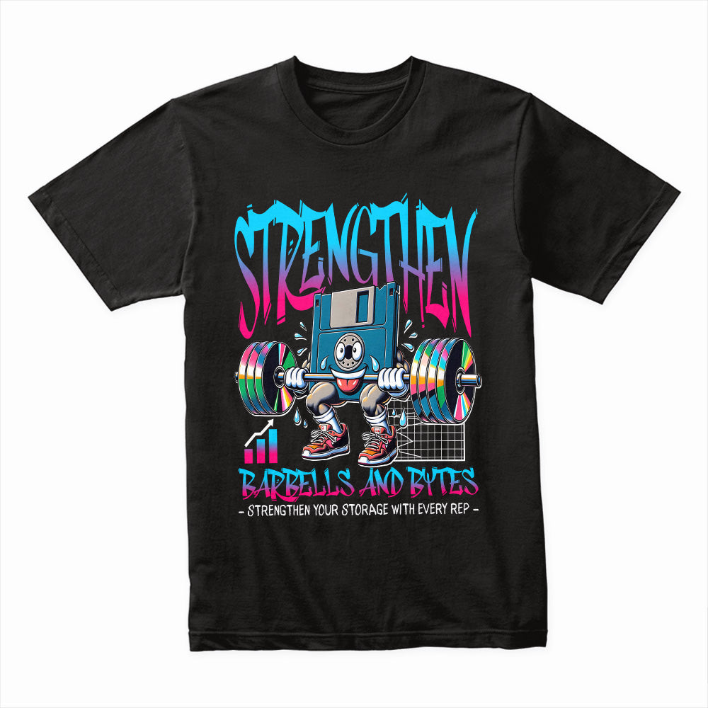 "Strengthen: Barbells & Bytes" Retro Fitness Geek T-Shirt – Power Up with Every Rep