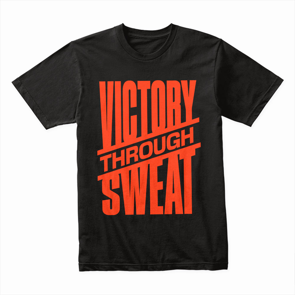 "Victory Through Sweat" Motivational Workout T-Shirt – Black & Bold