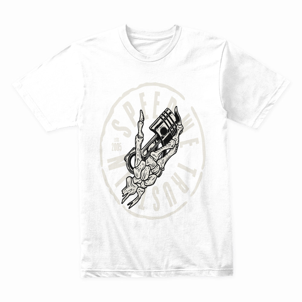 In Speed We Trust — Piston Skull Garage T-Shirt