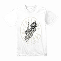 In Speed We Trust — Piston Skull Garage T-Shirt