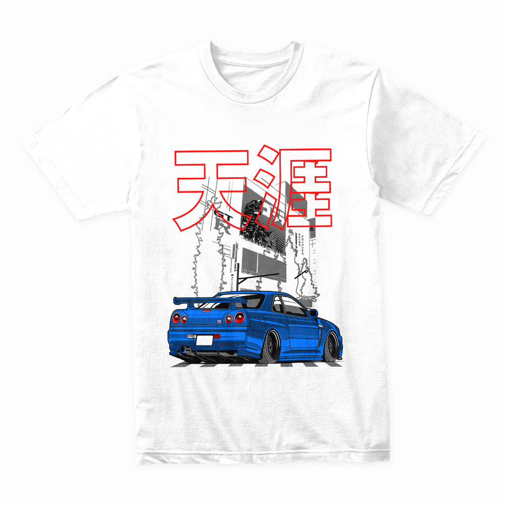 Skyline Midnight Drift – Blue R34 JDM Street Legend T-Shirt