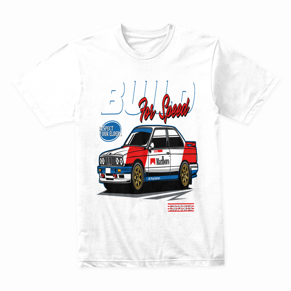 BMW E30 Build for Speed T-Shirt – Classic Racing Heritage Tee