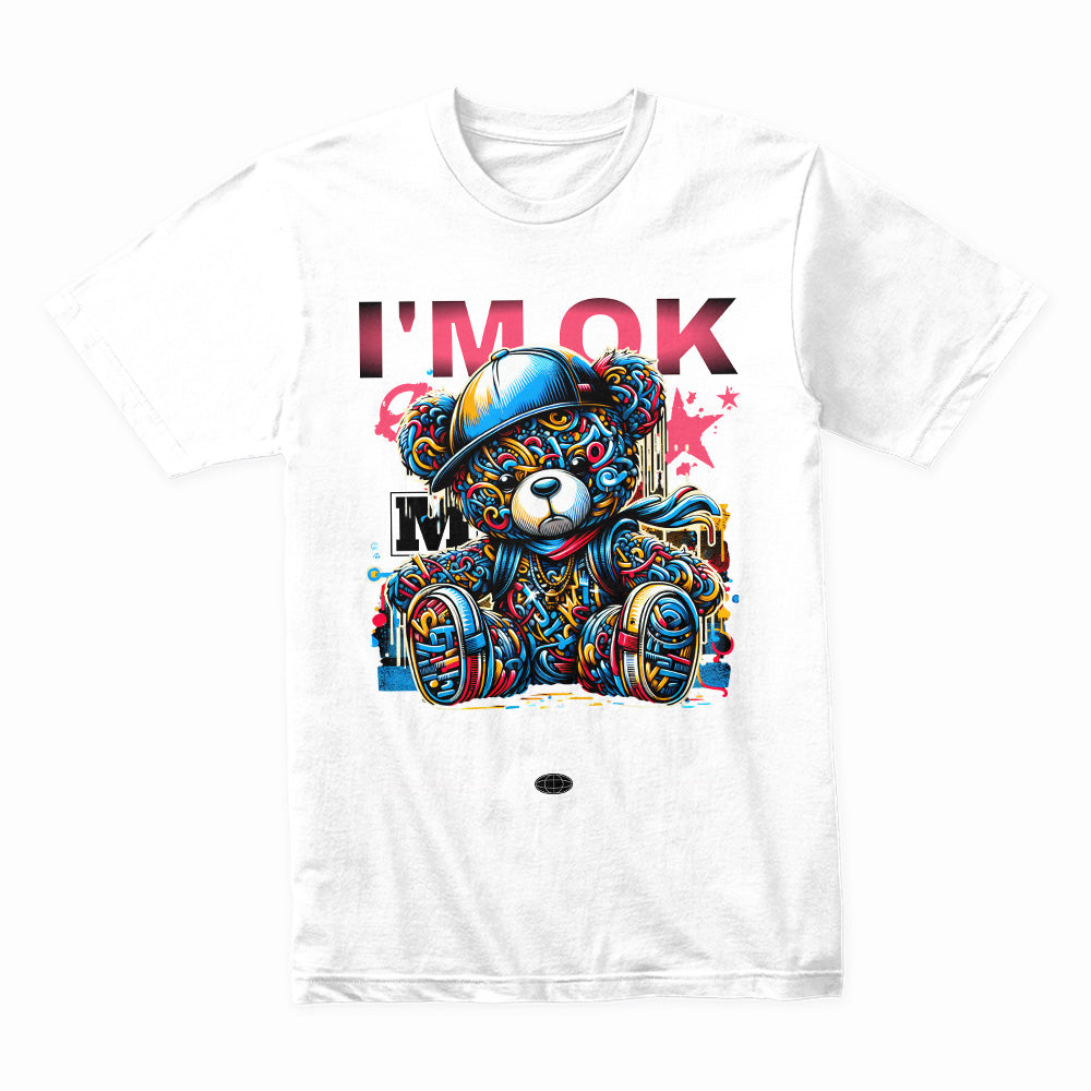 Urban Serenity: Vibrant “I’m OK” Teddy Tee