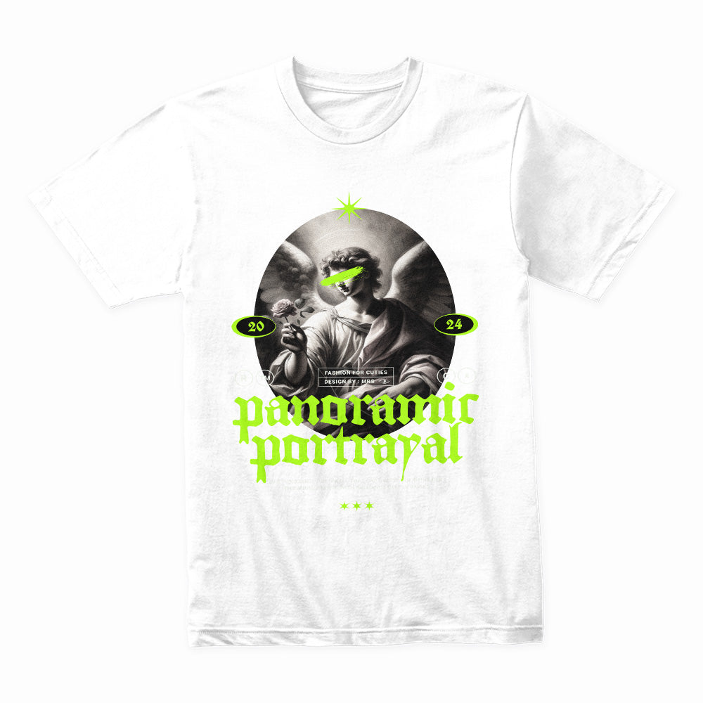 Panoramic Portrayal: Neon Angelic Vision Tee