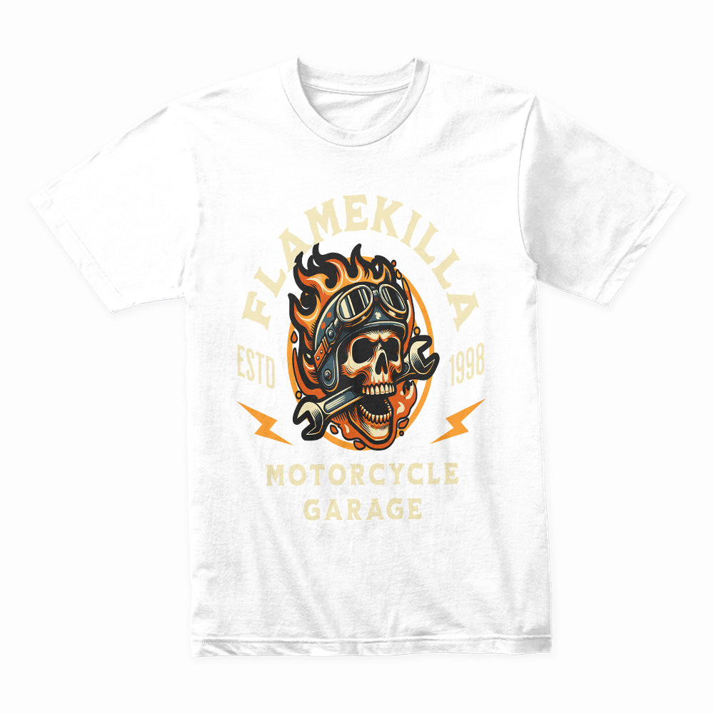 FlameKilla Motorcycle Garage – Fiery Skull Biker T-Shirt