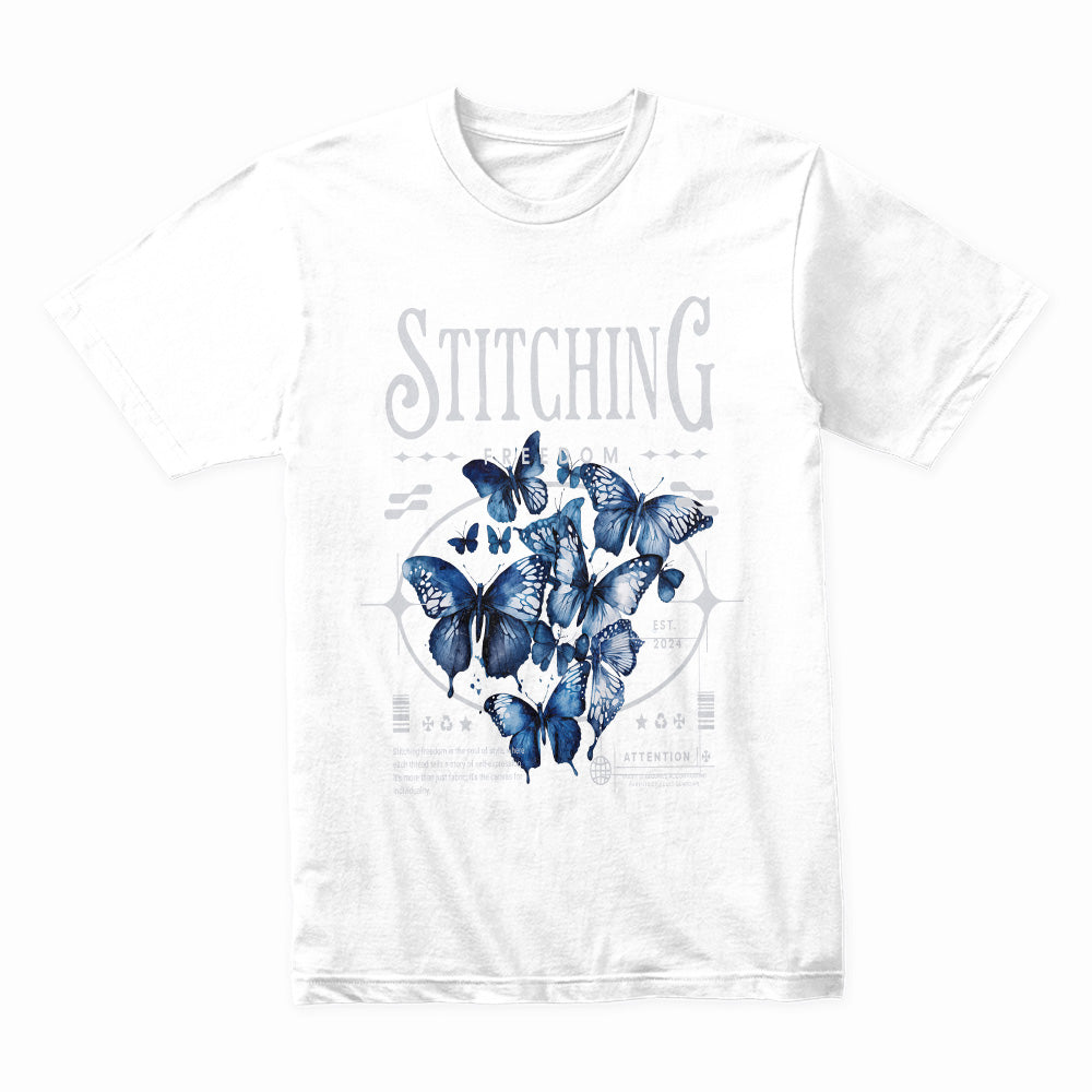 Stitching Freedom: Blue Butterfly Escape Tee