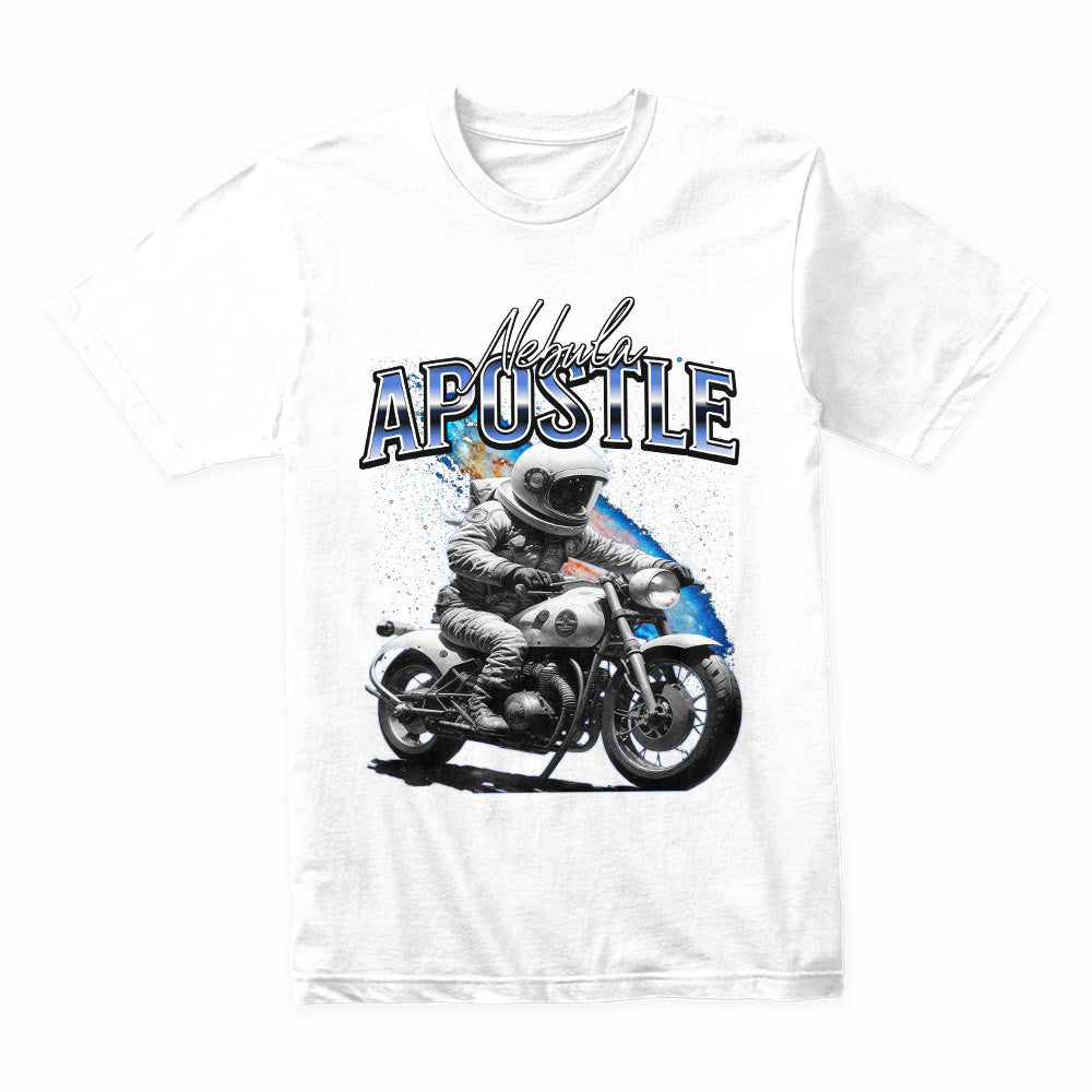 Nebula Apostle – Astronaut Biker Cosmic Adventure T-Shirt