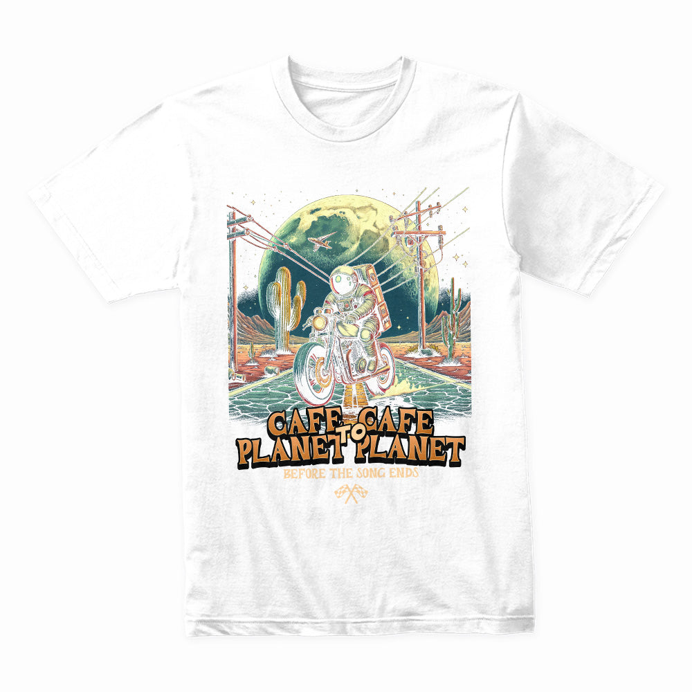Cafe to Cafe, Planet to Planet – Astronaut Biker Adventure T-Shirt
