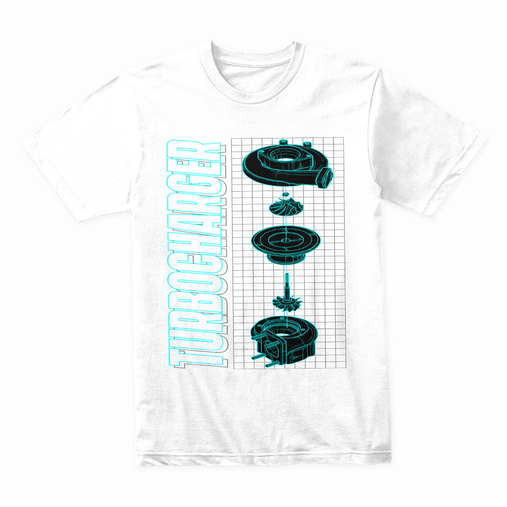Turbocharger Blueprint T-Shirt – Boost Engineer Tech Schematic Tee