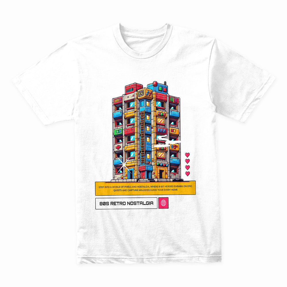Retro Virtual – 8-Bit Pixel City Nostalgia Gaming T-Shirt