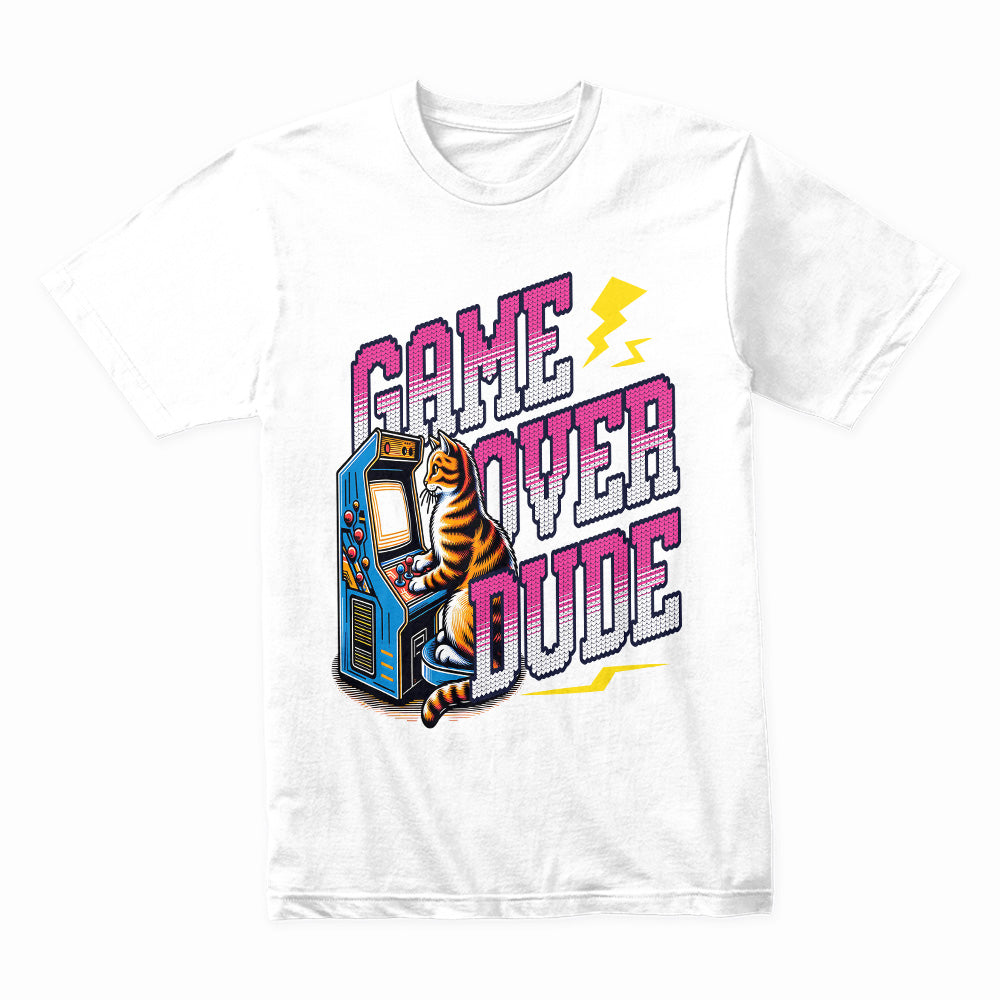 Game Over Dude T-Shirt – Retro Arcade Cat Edition