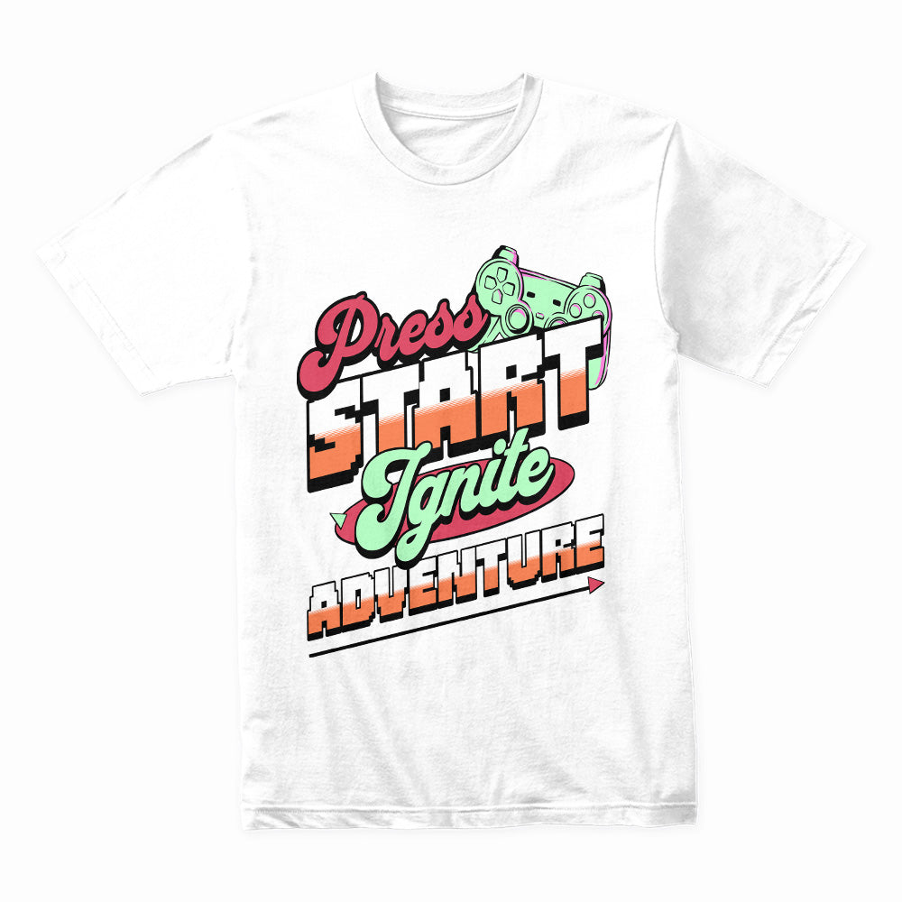 Press Start Ignite Adventure T-Shirt – Gaming Enthusiast’s Dream