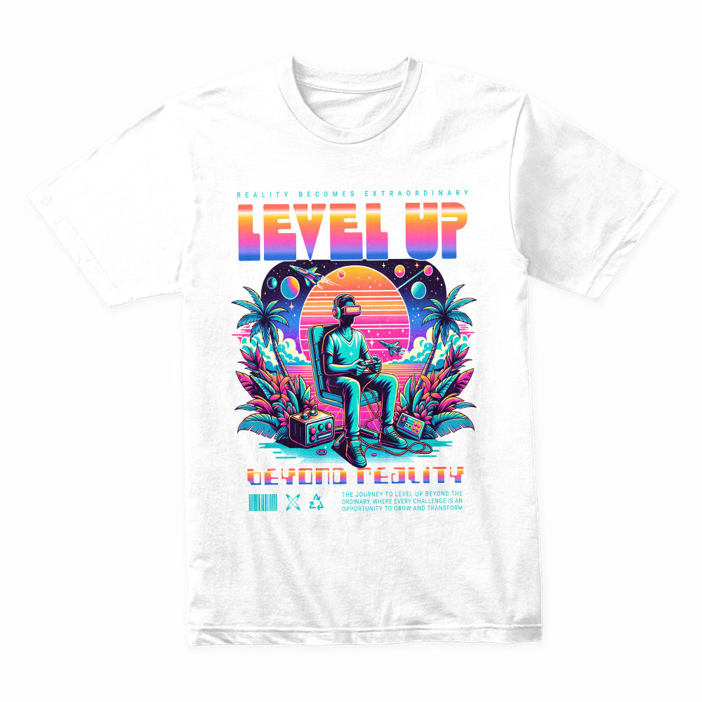 Level Up Beyond Reality T-Shirt – Neon Cyber Gamer Edition