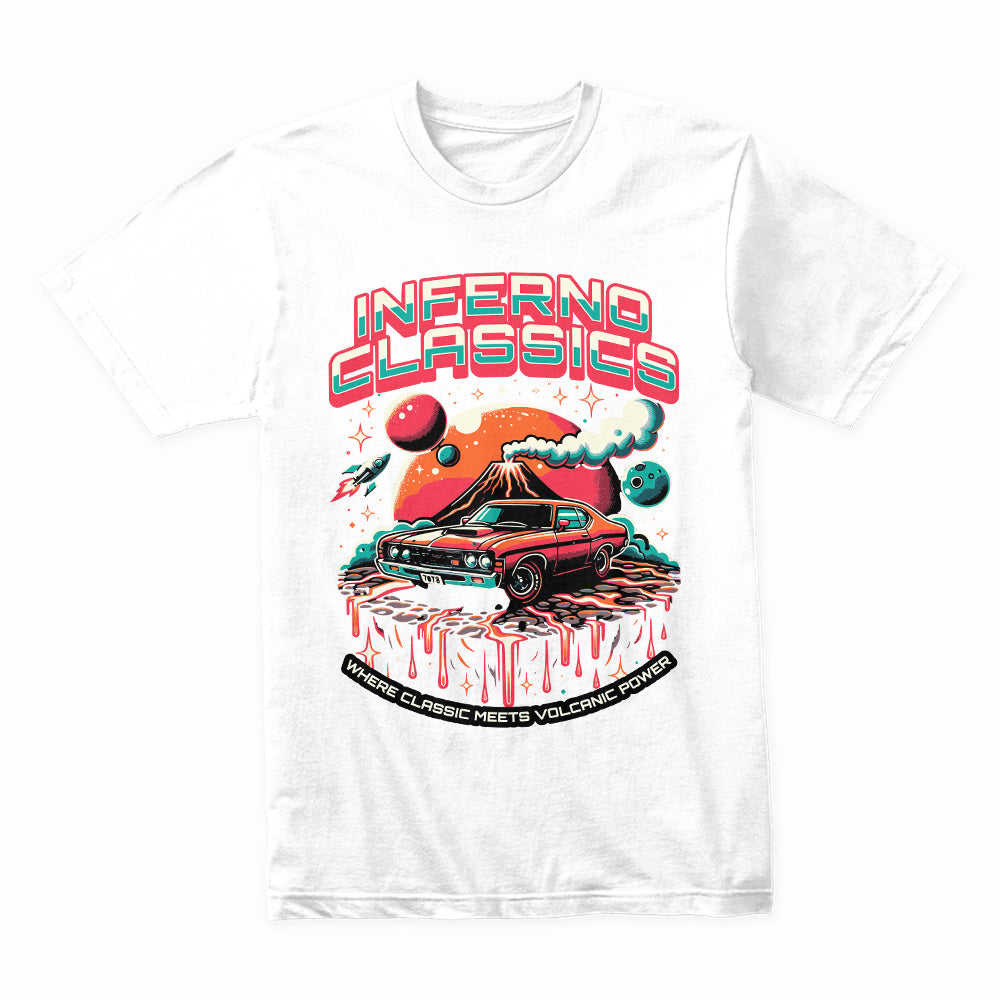 Inferno Classics: Volcanic Power Retro Muscle Car T-Shirt