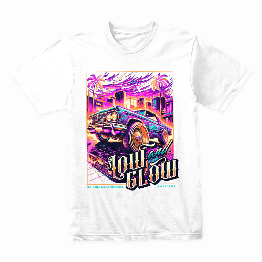 Low and Glow T-Shirt – Neon Vibe Lowrider Masterpiece