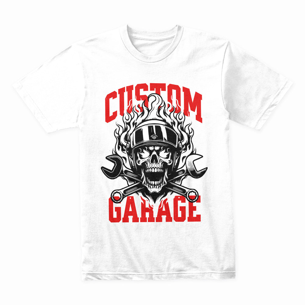 Custom Garage T-Shirt – Fiery Skull Mechanic Biker Tee