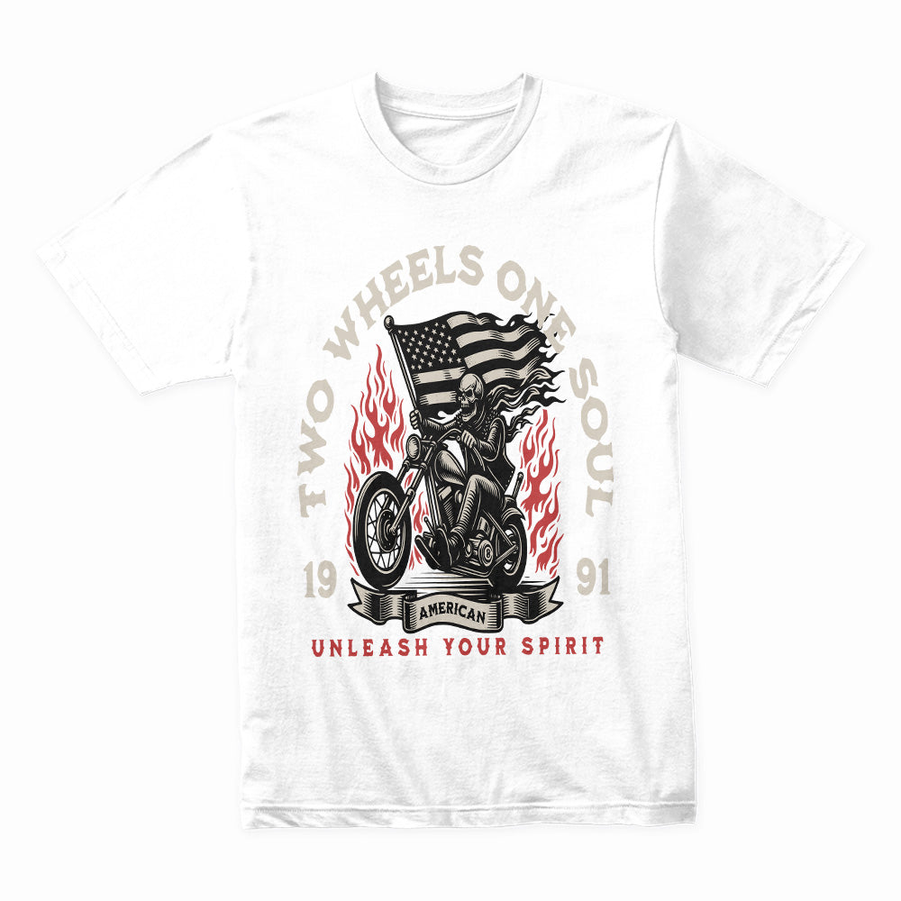 Two Wheels One Soul T-Shirt – American Biker Skull Rider Tee