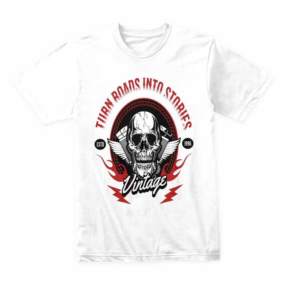 Turn Roads Into Stories – Vintage Biker Skull T-Shirt