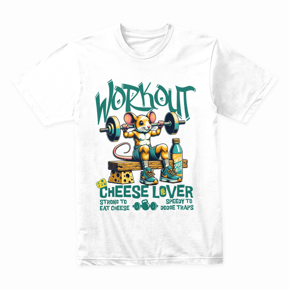 "Workout Cheese Lover" Funny Gym T-Shirt – Strong to Eat Cheese, Speedy to Dodge Traps