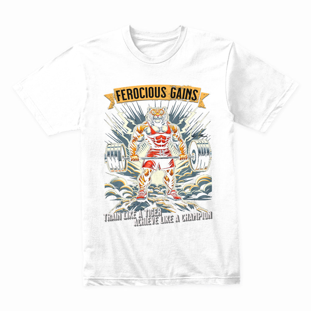 "Ferocious Gains" Tiger Powerlifting Gym T-Shirt – Train Like a Champion